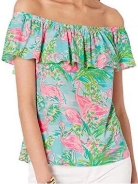 Lilly Pulitzer La Fortuna Off the Shoulder Top Green Blue Pink Flamingo Medium